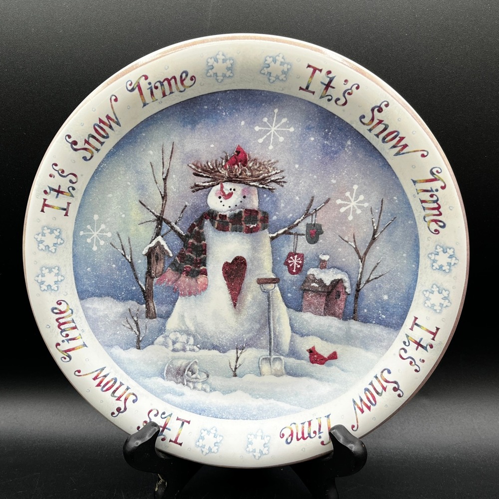 Stoneware Its Snow Time Snowman Decorative Ceramic Plate 8" Holiday Winter Decor